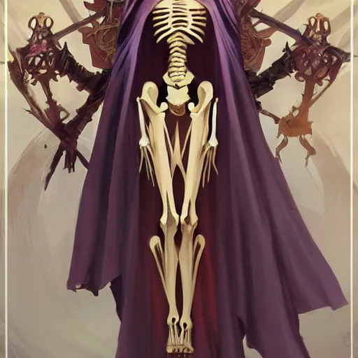 Prompt: Tall skeleton overlord, covered with royal robes, magic caster, wide shoulders, evil aura, full body shot, digital pencil art, fantasy, isekai, art by artgerm and greg rutkowski and alphonse mucha