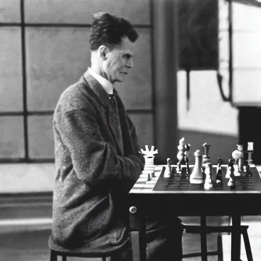 Prompt: ludwig wittgenstein and a robot, playing chess, dramatic angle