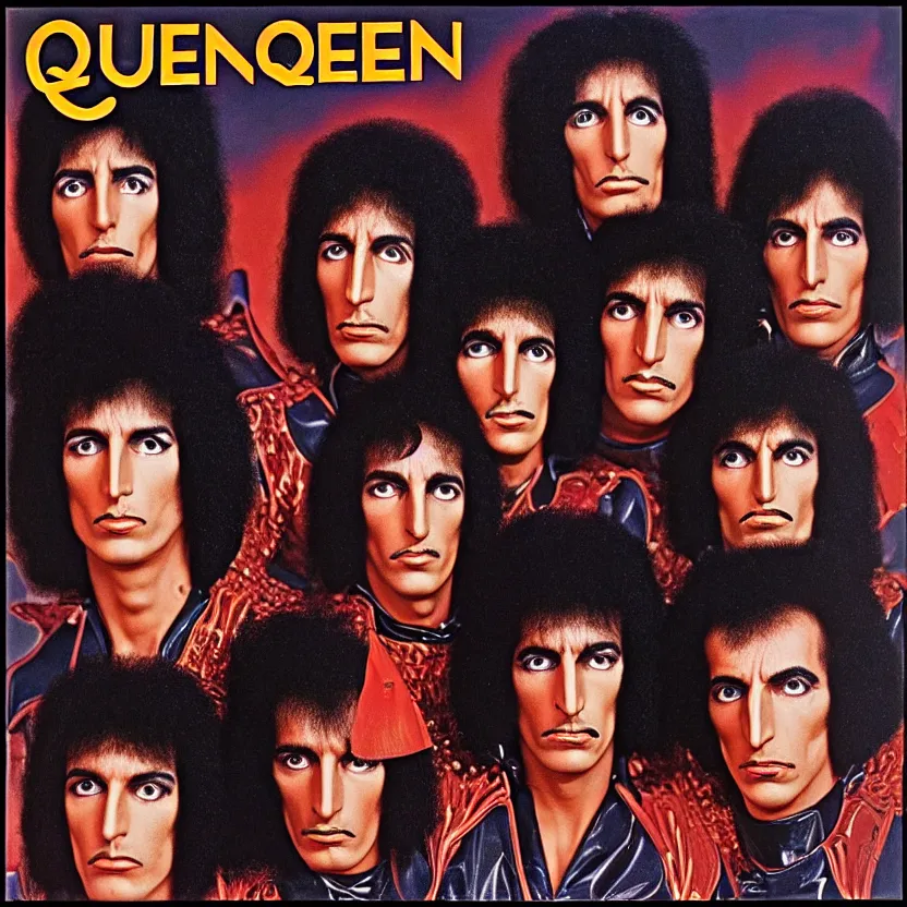 Prompt: queen II album cover, alien faces