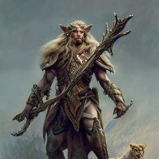 Prompt: a beautiful ultradetailed portrait of a elven elite warrior! beautiful large battle axe in his hand, with a lion pelt on his back, by greg rutkowski, karol bak and peter mohrbacher, volumetric lighting, magical realism, dark, elf,