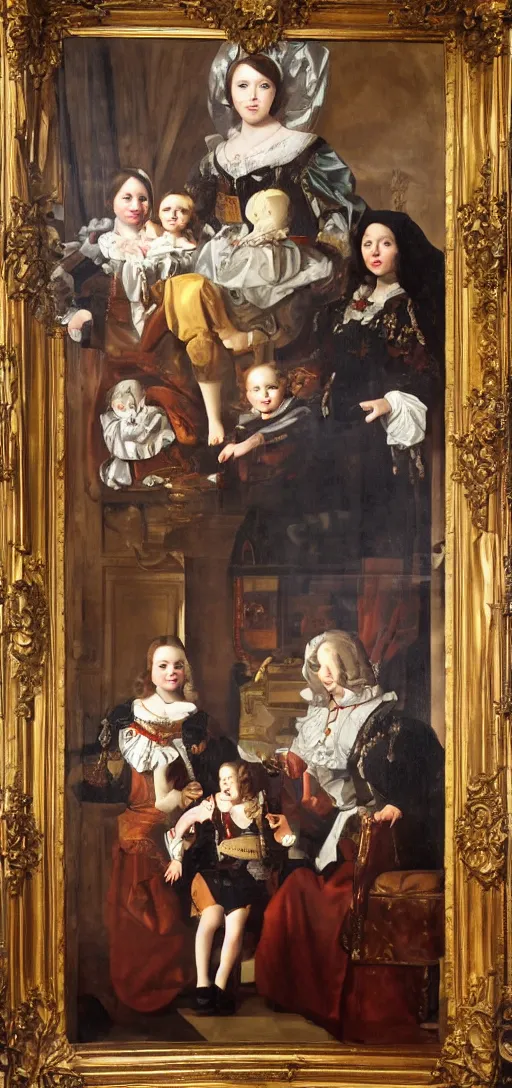 Image similar to oil paint in canvas of family portrait in the main room of the castle, dark room, one point of light trough a big window. baroque style 1 6 5 0, high details on clothes, realistic faces and expressions, space between subjects inspired by diego velasquez