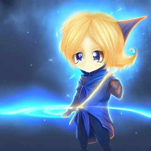 Prompt: chibi wizard in blue, fantasy, golden hour, magical, don bluth splash art, wlop, highly detailed, trending on artstation, 4 k, wallpaper - 1 0 2 4