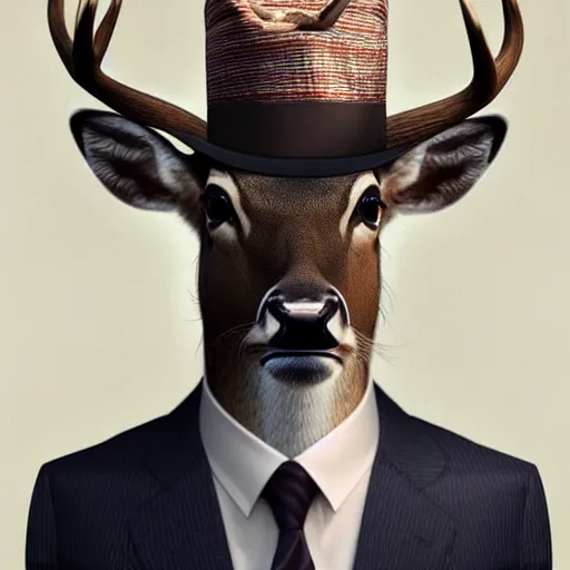 Image similar to a upper body portrait of a deer in a pinstriped suit and pants wearing a fedora with the antlers sticking out of the fedora by artgerm and wlop, intricate detail, digital art, photorealistic, trending on artstation