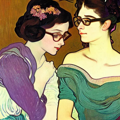 Prompt: portrait painting of young dark haired tan! glassless!! woman named kyra with purple haired glasses!! wearing woman named kaelyn together at the cucumber soup party, elegant evening gowns!, pretty clothing!, modest, clear, stylized, art by alphonse mucha, vincent van gogh, egon schiele