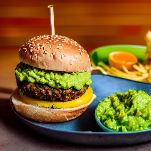 Image similar to juicy vegan hamburger topped with guacamole and fried onion and a vegan fried egg, crispy buns, 8 k resolution, professional food photography, studio lighting, sharp focus, hyper - detailed