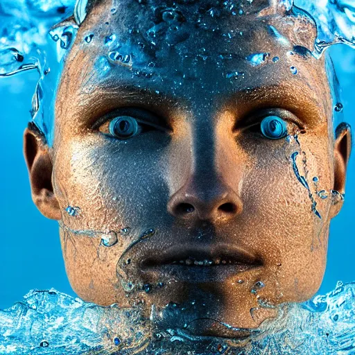 Image similar to water artwork manipulation in the shape of a human head, on the ocean water, ray tracing, realistic water sharp focus, long shot, 8 k resolution, cinematic, water sculpture