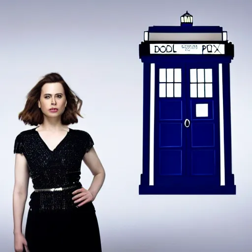 Image similar to a beautiful full body photograph of hayley atwell as the doctor from doctor who posing in front of the tardis, symmetrical face, extreme realism and detail, 8 k, completely framed, direct lighting, 3 5 mm photo, photorealistic, sharp focus