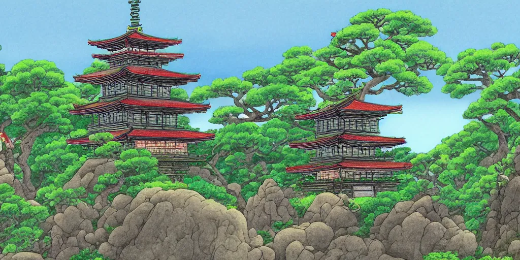 Image similar to japanese landscape with pagoda, trees and rocks, detailed, in the style of studio ghibli