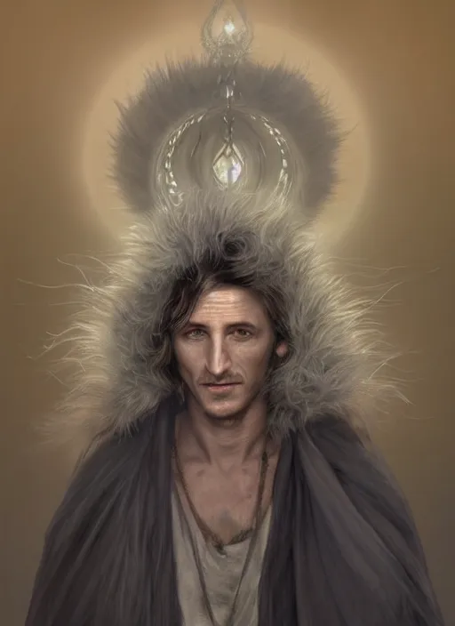 Image similar to Portrait of Sean Penn, white glowing eyes, silver shaggy hair, cloak, ethereal wings, male, fantasy, extremely detailed, digital painting, artstation, concept art, smooth, sharp focus, illustration, stunning lighting, art by artgerm and alphonse mucha and simon stalenhag, realistic character concept, high fantasy, light atmosphere, golden ratio, cinematic lighting, hyperdetailed, high resolution, insanely detailed and intricate, Marc Simonetti, Greg Rutkowski, 8k