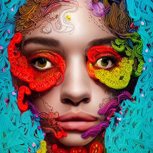 Image similar to the portrait of an unbelievably beautiful and sophisticated teen woman made up of peppers, an ultrafine detailed illustration by james jean, intricate linework, bright colors, final fantasy, behance contest winner, vanitas, angular, altermodern, unreal engine 5 highly rendered, global illumination, radiant light, detailed and intricate environment