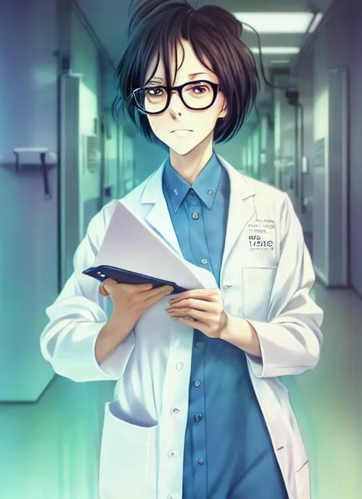 Prompt: beautiful anime girl with short white hair, wearing lab coat and glasses, holding a clipboard, standing inside a research facility, character portrait, 1 9 6 0 s, long hair, intricate, elegant, highly detailed, digital painting, artstation, concept art, smooth, sharp focus, illustration, art by wlop, charlie bowater and alexandra fomina