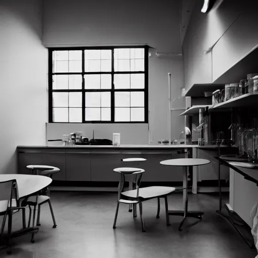 Image similar to noisy color photograph of a break room, laboratory, dark corners, minimalist, cinematic, soft vintage glow