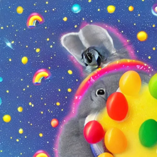 Image similar to cosmic chinchilla pooping rainbow jellybeans, in space, jellybeans behind chinchilla