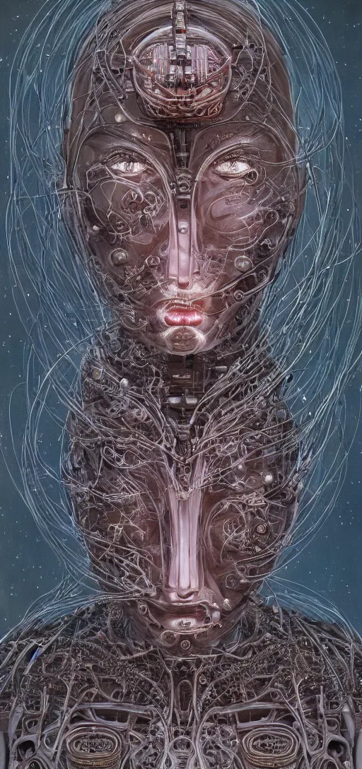 Image similar to female robot pilot, mechanical creature, electronic wires relays computer nerves, girl face, dystopian surrealism, alex ries zdzisław beksinski giger, very intricate details, demon chinese female, deep luminous eyes contain galaxies, head contains nebula, deep aesthetic, concept art, carved silver circuits diodes resistors semiconductors, highly ornate