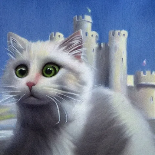 Prompt: portrait of a beautiful fluffy white princess cat in the style of mark brooks with a castle in the background