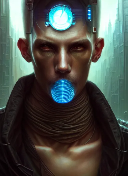 Image similar to portrait shot of a cyberpunk male in a scenic dystopian environment, intricate, elegant, highly detailed, centered, digital painting, artstation, concept art, smooth, sharp focus, illustration, artgerm, tomasz alen kopera, peter mohrbacher, donato giancola, joseph christian leyendecker, wlop, boris vallejo