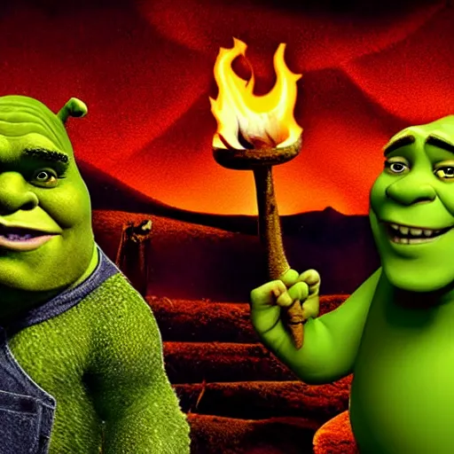 Prompt: shrek in hell, ominous, horror, flames, fire