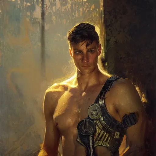 Image similar to handsome portrait of a young guy fitness posing, war hero, lanky, radiant light, caustics, reflective light, by gaston bussiere, bayard wu, greg rutkowski, giger, maxim verehin