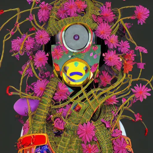 Image similar to colourful vfx art - portrait of army mecha robot wrapped in flowers & vines, art by utagawa kunisada & tadanori yokoo, volumetric light, ray tracing, sharp, detailed, digital painting, illustration, highly detailed, intricate detail, unreal engine, octane render, pinterest, behance, art station,