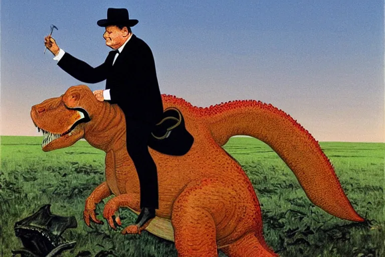 Image similar to Winston Churchill riding a T-Rex, painting by Jean Giraud and René Magritte