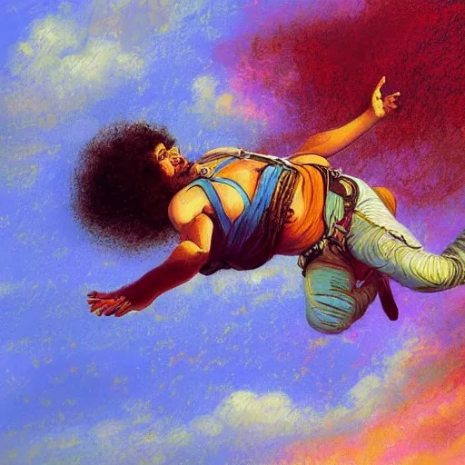 Image similar to egyptian man with curly hair skydiving, centered in frame, pastel colors, dreamy colors, digital painting, oil painting, sharp detail, impressionist painting, vintage, intricate details, dreamy