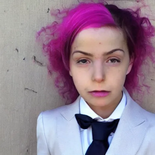 Image similar to a girl with pink hair wearing a suit and tie