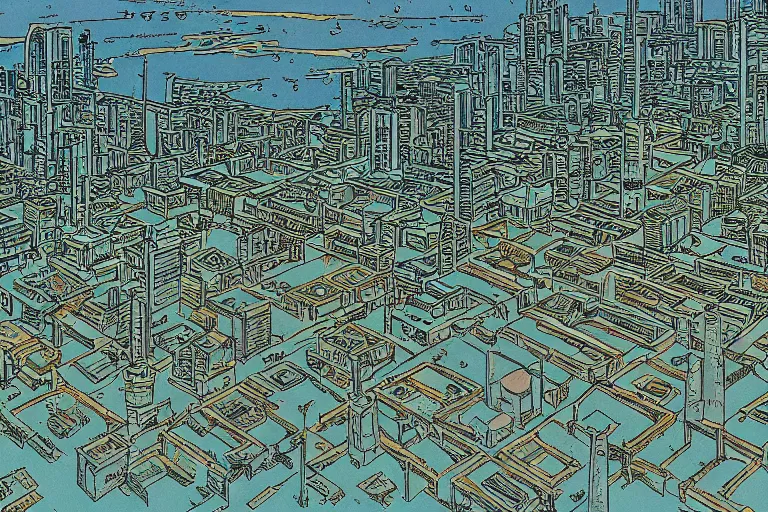 Image similar to a city populated by lemons by moebius