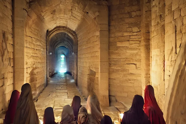 Image similar to inside the sepulchre, dark scene, light coming in from the left, steps leading down, 3 marys crouching in colored robes at the tomb | medium close | fibonacci composition, by artgerm, greg rutkowski, sophie anderson