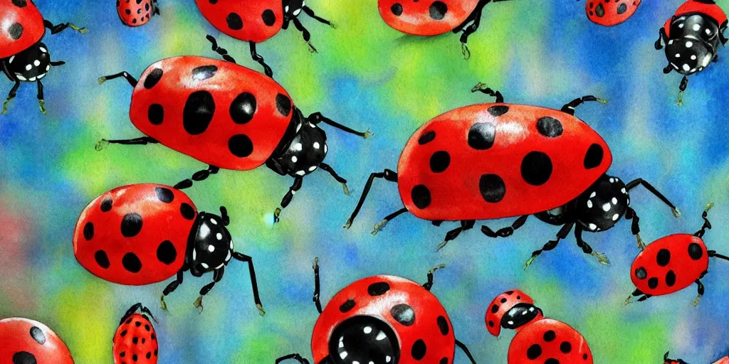 Prompt: shower curtain product catalog. wide - angle photo. on the curtain is a watercolor of the a robot ladybug battling the forces of evil on a sunny day. the water color has ink under drawing. wide - angle product photography of a shower curtain, product lighting. 4 k, highly detailed. saturated.