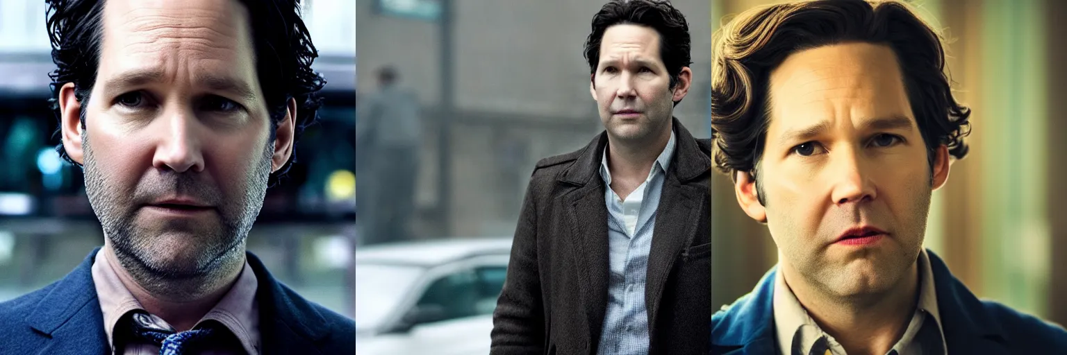 Prompt: close-up of Paul Rudd as a detective in a movie directed by Christopher Nolan, movie still frame, promotional image, imax 70 mm footage