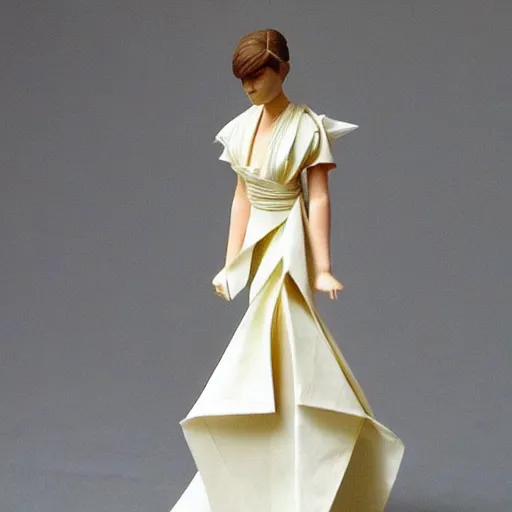 Image similar to origami figure of emma watson!!!!! _ elegant ( ( ( dress ) ) ) _ very detailed