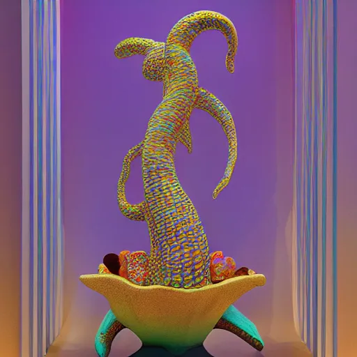 Image similar to ceramic colourful patterned sculptures, soft 3d render, diffused lighting, underwater, atlantis world, gold leaf ceramic pieces and trim, gold lines tentacles, artwork by shary boyle + Yeesookyung