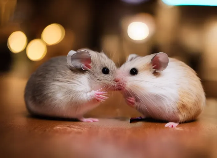 Image similar to photo of a hamsters on a date, kissing, at night, faded colors, candlelit restaurant table, cinematic color grading, various poses, soft light, centered, sharp focus, 8 k