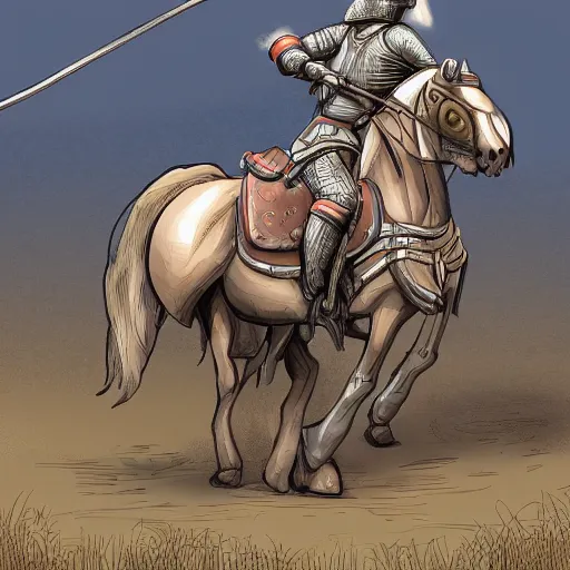 Prompt: A knight on a horse fighting a tank. Highly detailed. digital illustration. In the style of Veronique Meignaud.