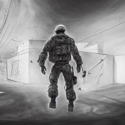 Prompt: pencil art, distant shot, realistic, cinematic, hyper detailed, smooth, soldier hiding behind wall, alien figure in the background, in a war torn area