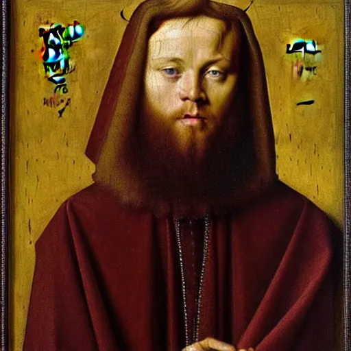 Prompt: portrait of the son of joel egerton health ledger christ pratt leonardo dicaprio, oil painting by jan van eyck, northern renaissance art, oil on canvas, wet - on - wet technique, realistic, expressive emotions, intricate textures, illusionistic detail