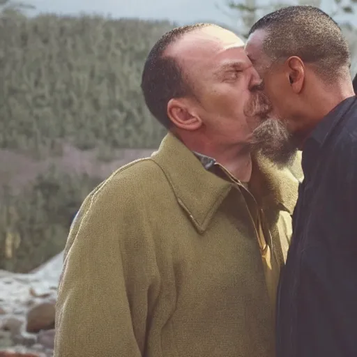 Image similar to walter white kissing gus fring, 8k , professional photography