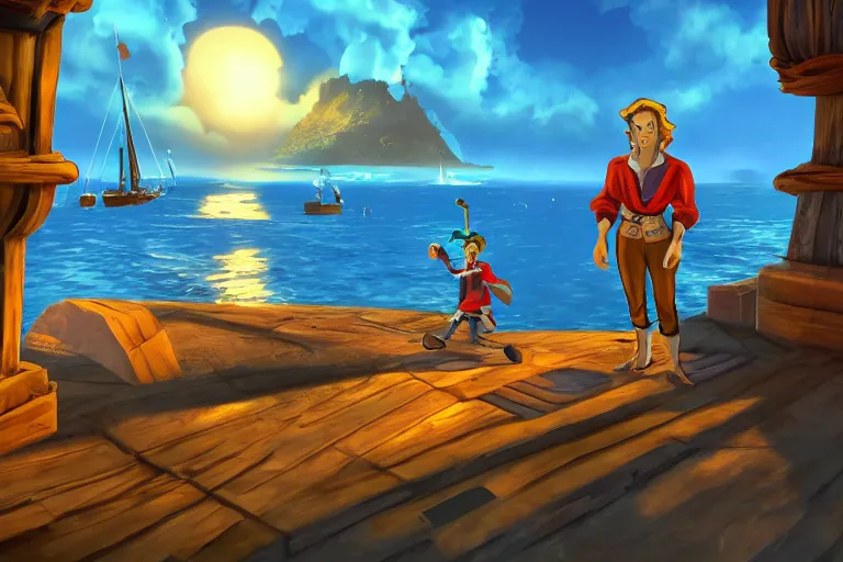 Image similar to Cinematography of guybrush threepwood in melee island port by Emmanuek Lubensky