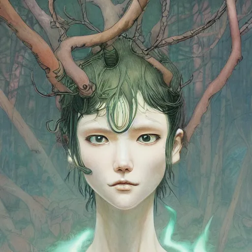 Image similar to prompt : forest character portrait soft light painted by james jean and katsuhiro otomo and erik jones, inspired by evangeleon anime, smooth face feature, intricate oil painting, high detail illustration, sharp high detail, manga and anime 1 9 9 9