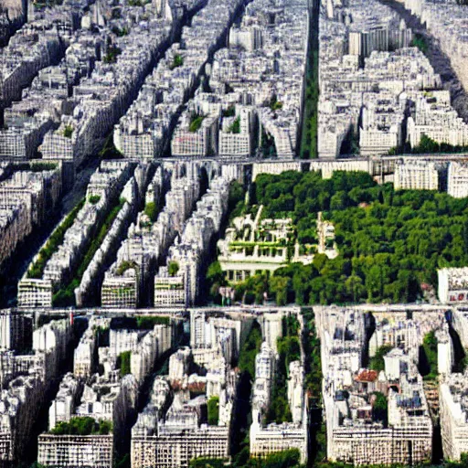 Prompt: an aerial shot of a post - apocalyptical paris overtaken by vegetation