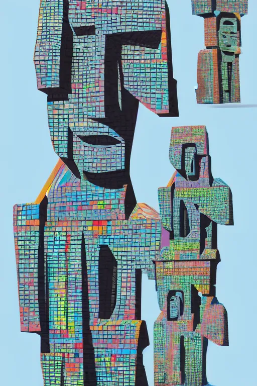 Image similar to cubist moai statue cutout digital illustration cartoon colorful beeple