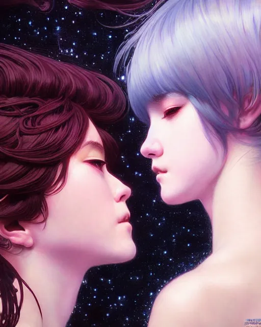 Image similar to portrait of two beautiful cute young maiden girls kissing with short white hairs in warhammer armor, art by ( ( ( kuvshinov ilya ) ) ) and wayne barlowe and gustav klimt and artgerm and wlop