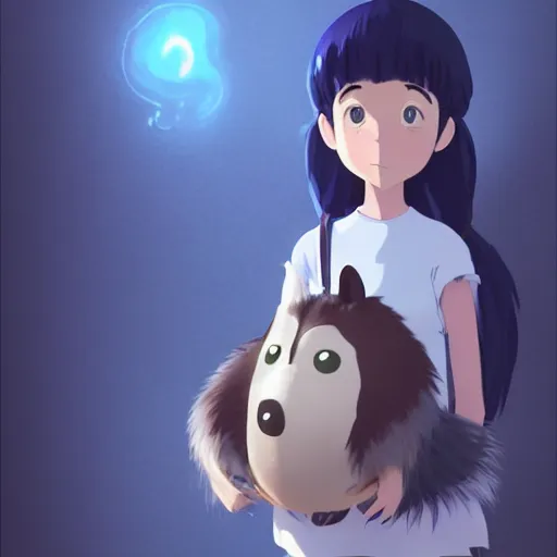 Image similar to a wholesome animation key shot of a dark blue haired girl with a raccoon tail, medium shot, studio ghibli, pixar and disney animation, sharp, rendered in unreal engine 5, anime key art by greg rutkowski, bloom, dramatic lighting