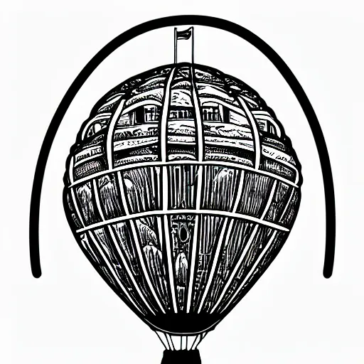 Prompt: portrait of an entire victorian air balloon over a fantasy landscape, sticker illustration by joe fenton , black and white, line art, intricate details