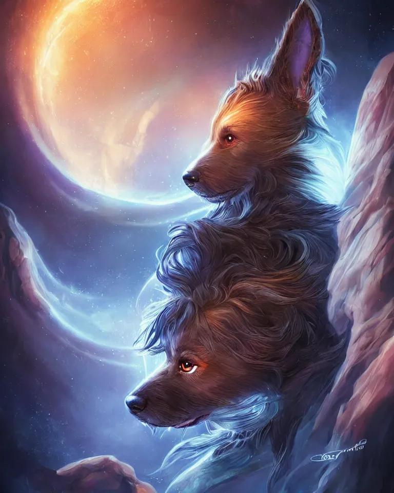 Image similar to beautiful cinematic fantasy poster, cartoon dog. beautiful glowing galaxy eyes, hybrid from The Elden Ring and art direction by Darius Zawadzki ;by artgerm; wayne reynolds art station; cinematic quality character render; low angle; ultra high quality model; production quality cinema model