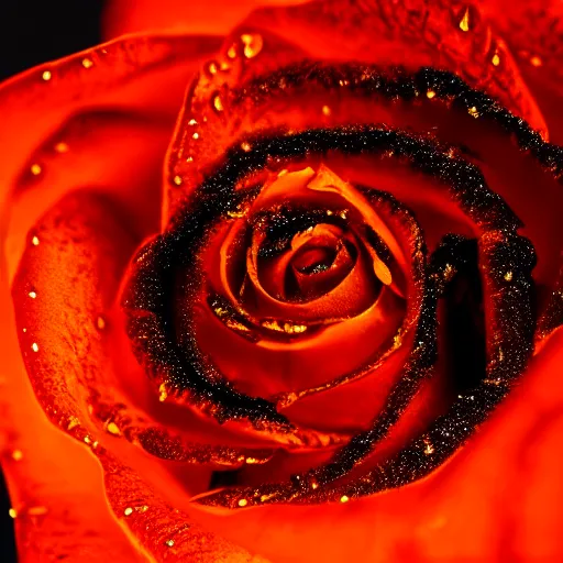 Image similar to award - winning macro of a beautiful black rose made of glowing molten magma, inner glow, hyper - realistic