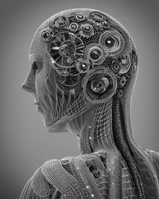 Image similar to mythical dreamy black and white organic translucent bio-mechanical spinal ribbed profile face portrait detail of steampunk mechanical beautiful female angelic-human-queen-realistic-cyborg, highly detailed, intricate crystal jelly ornate, poetic, 3D render, digital art, octane render, 8K artistic photography, photo-realistic, by Dora Maar