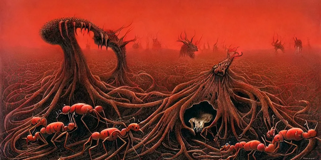 Image similar to tiny colony of red harvester ants crawling through the cavities of a large moose skull, moose graveyard, Zdzislaw Beksinski, Wayne Barlowe, gothic, cosmic horror, worm's-eye view, dystopian, biomorphic, lovecraftian, amazing details, warm hue's