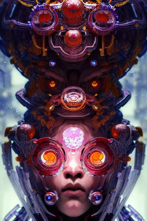 Image similar to asura from chinese myth, ghost, gorgeous and huge head ornaments, dystopian, cyberpunk, organic fractal mycelum and fungi, mecha, halfturn portrait of a big crystal face made of crystals half - turn, ominous, intricate, studio, art by anthony macbain + greg rutkowski + alphonse mucha, concept art, 4 k, sharp focus