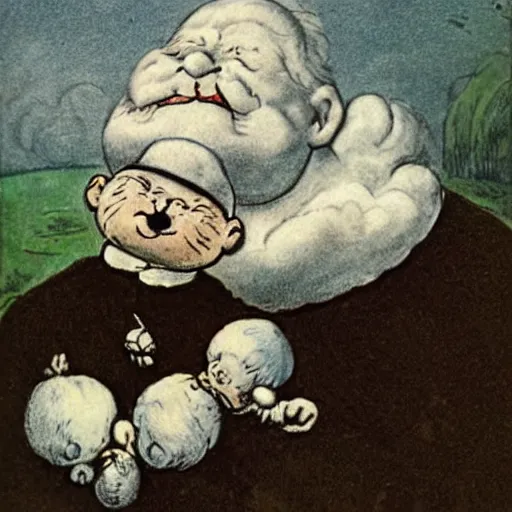 Image similar to candid portrait of white ball human face hybrid in the sky with face smiling eyes closed, mouth open, surrounded by clouds, illustrated by peggy fortnum and beatrix potter and sir john tenniel